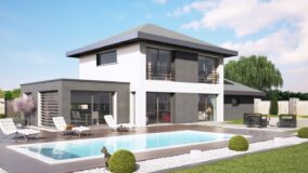 maison architecte toit plat avec piscine bois