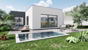 maison architecte toit plat avec terrasse et piscine