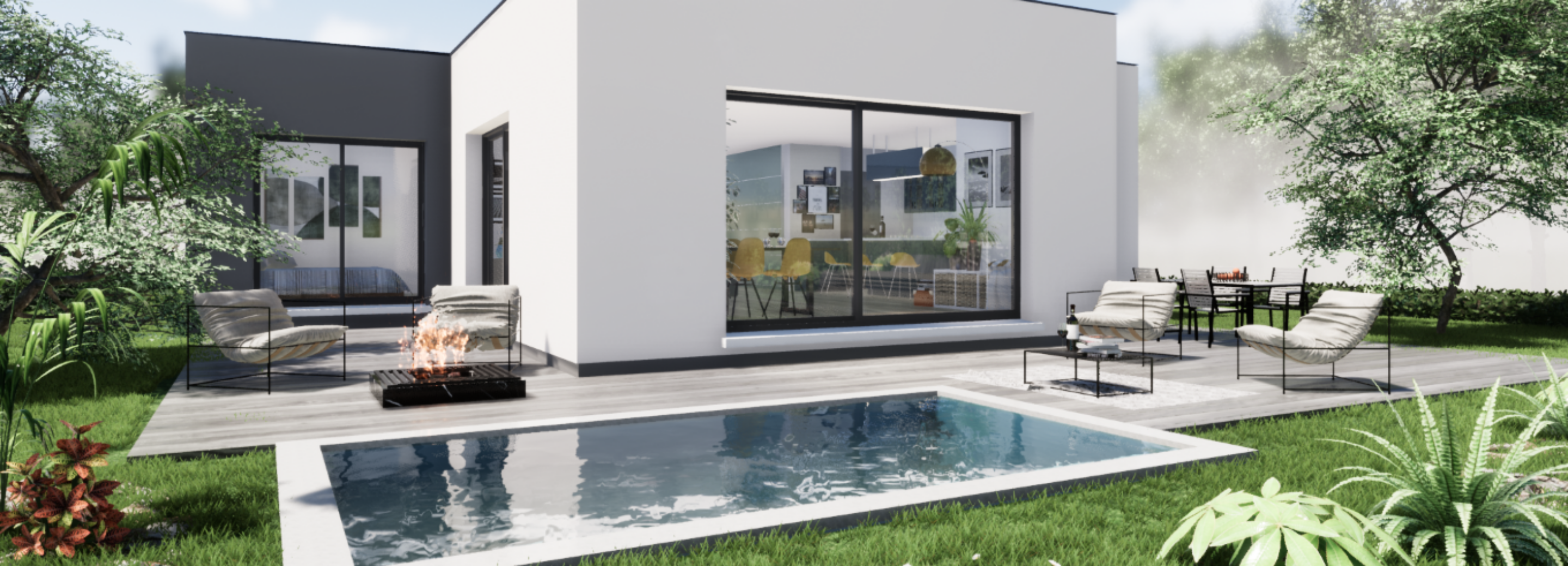 maison architecte toit plat avec terrasse et piscine