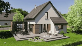 maison contemporaine et evolutive vue arriere avec finition bois et grand jardin