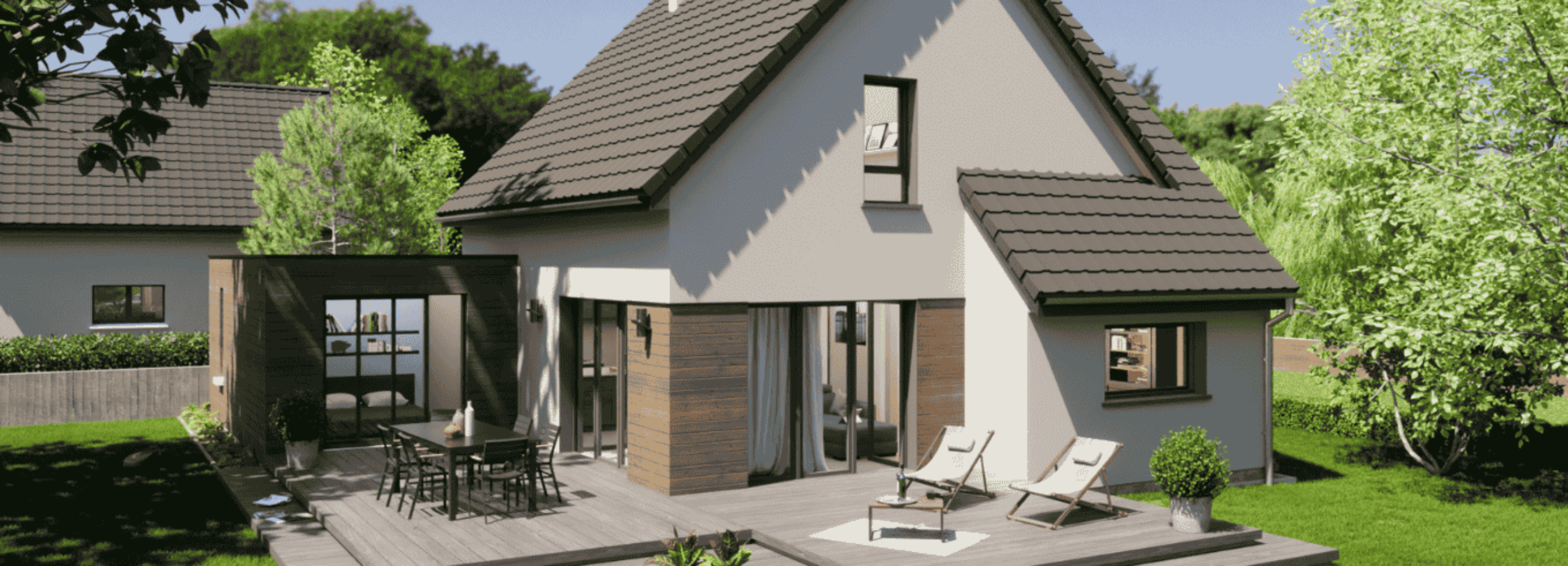 maison contemporaine et evolutive vue arriere avec finition bois et grand jardin