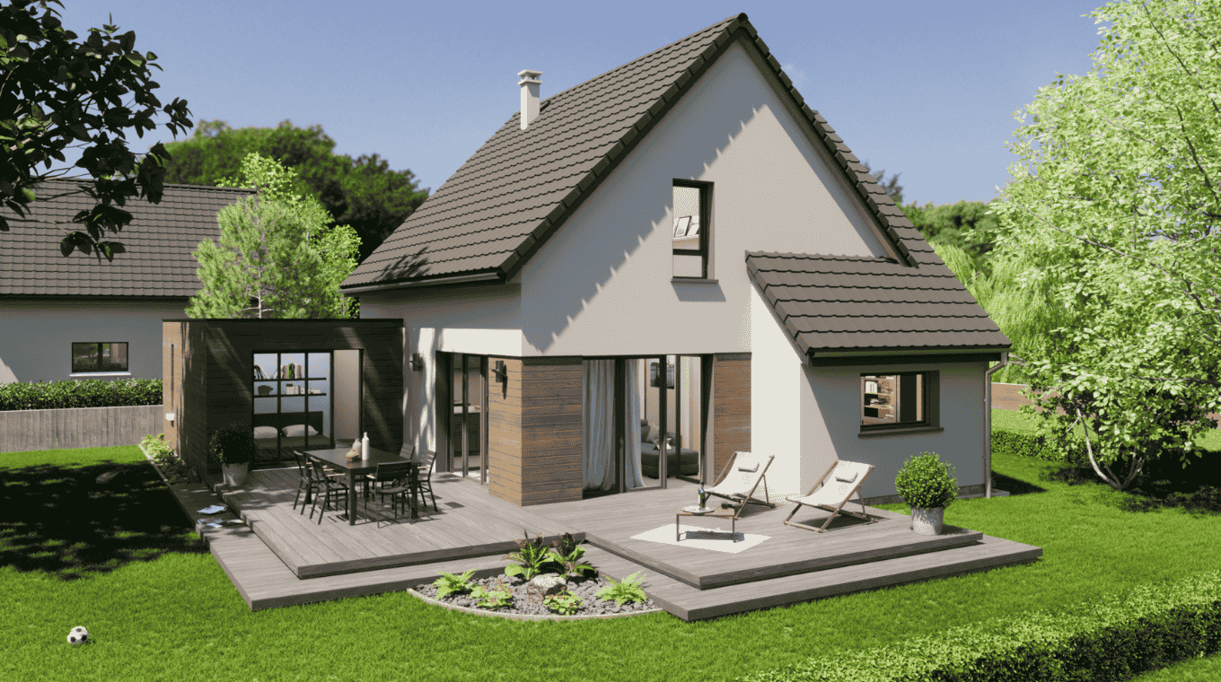 maison contemporaine et evolutive vue arriere avec finition bois et grand jardin