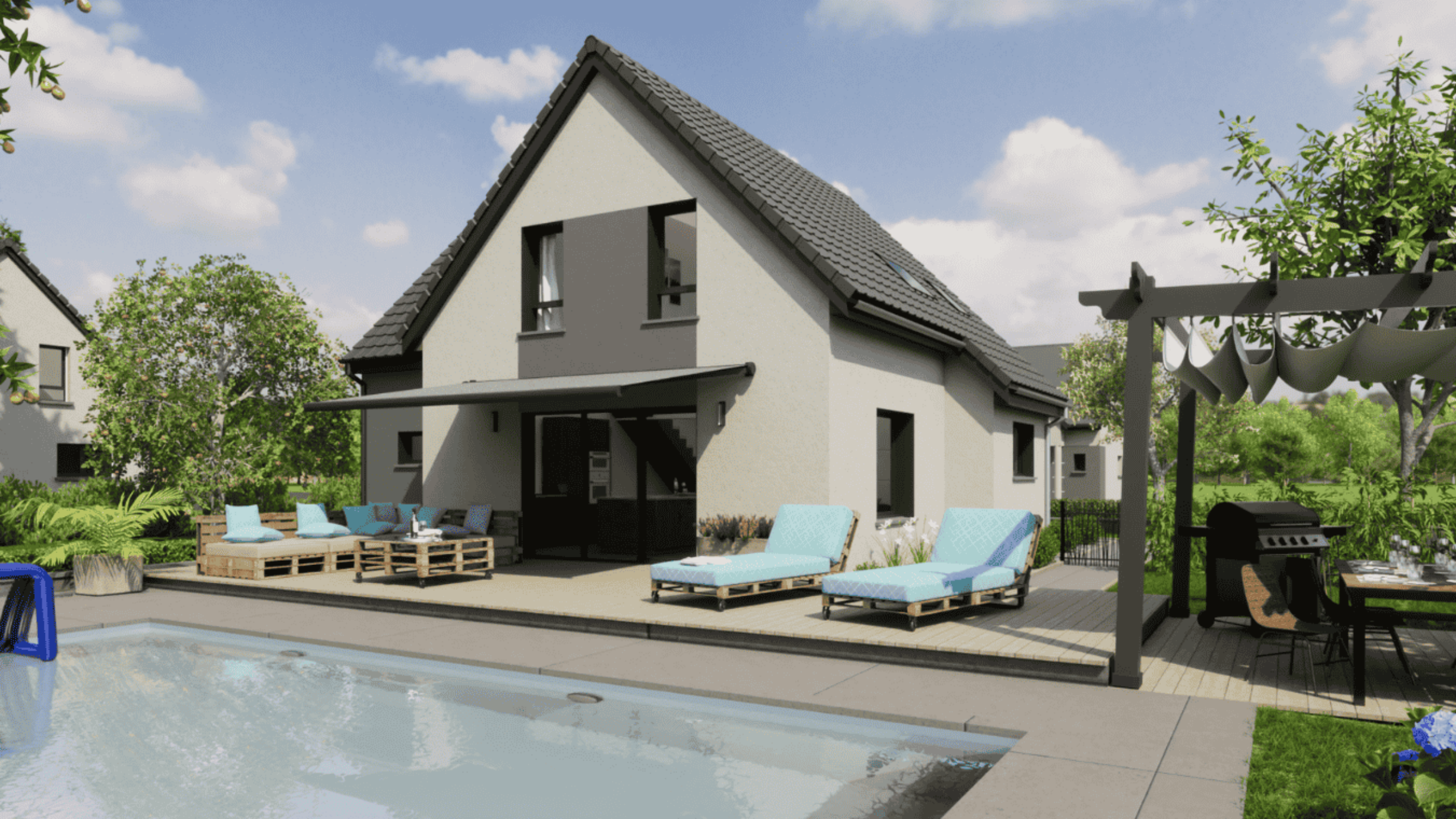 maison contemporaine toit deux pans avec piscine et grande terrasse