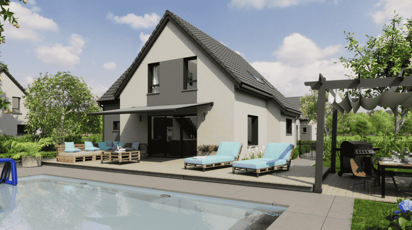 maison contemporaine toit deux pans avec piscine et grande terrasse