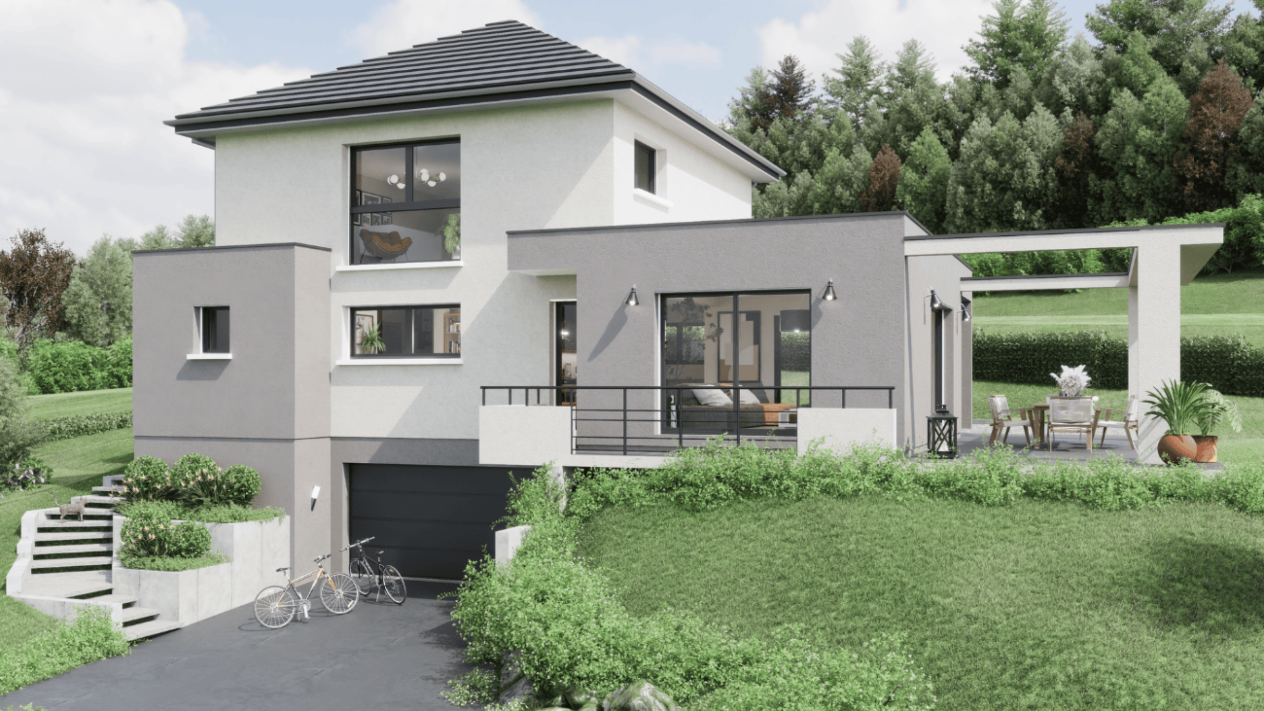 maison architecture toit plat avec garage