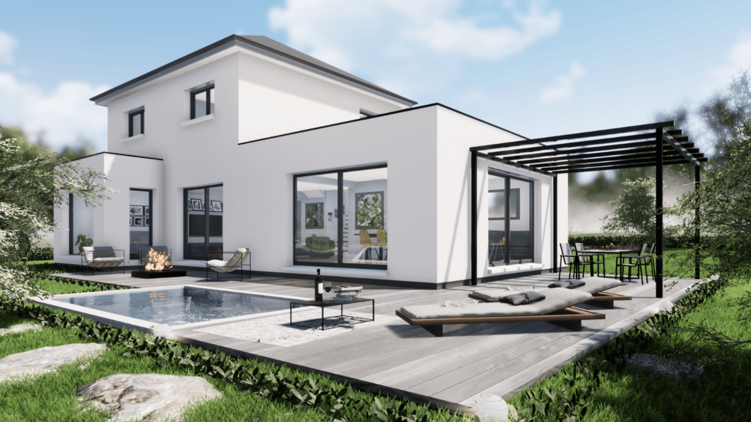 maison architecture toit plat pergola et piscine