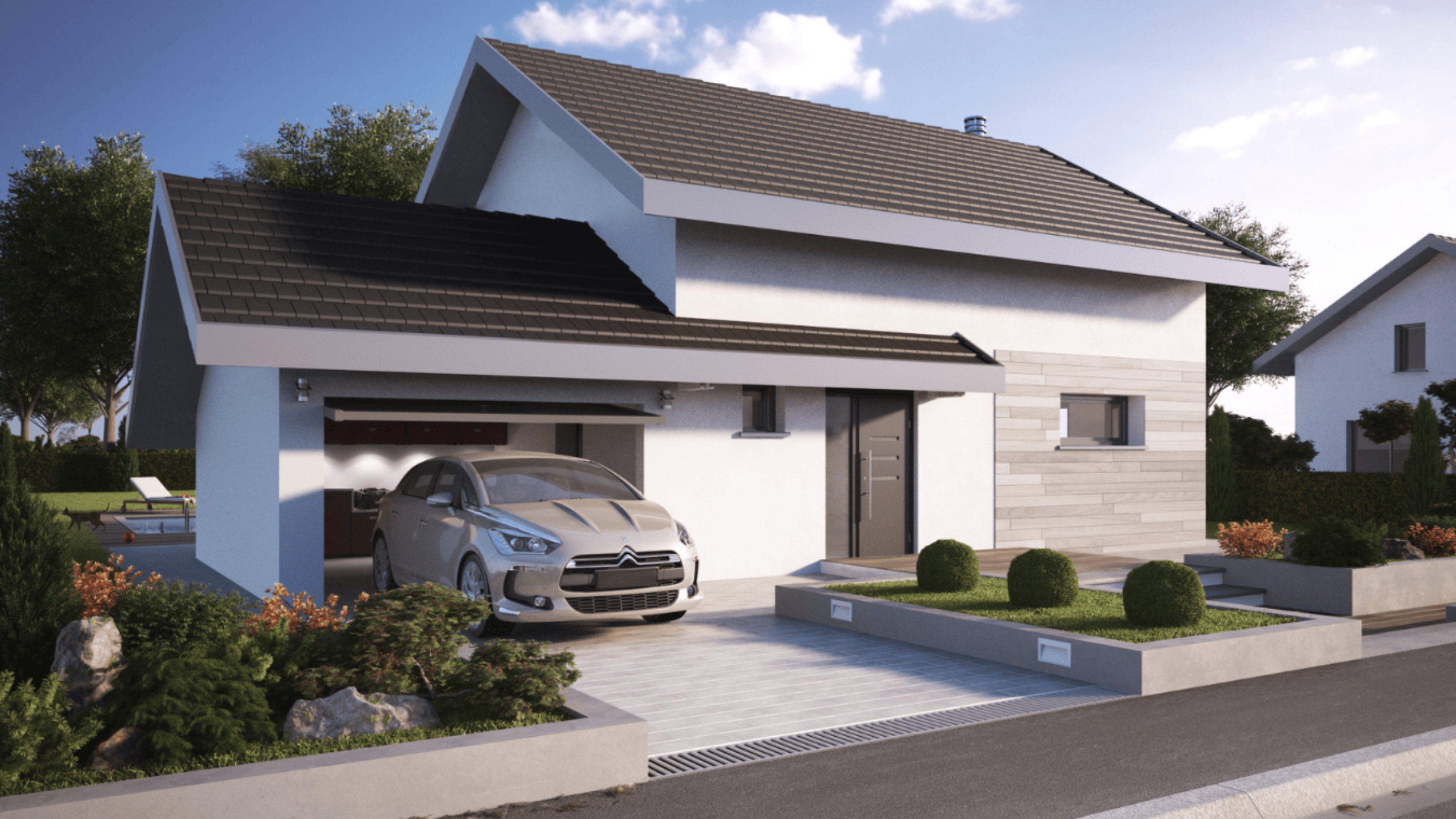 maison moderne double toiture avec garage