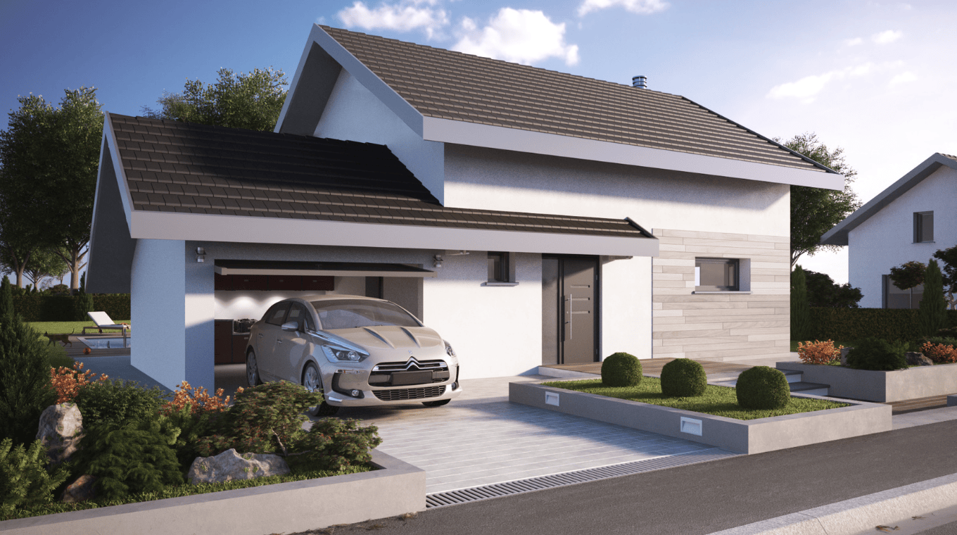 maison moderne double toiture avec garage