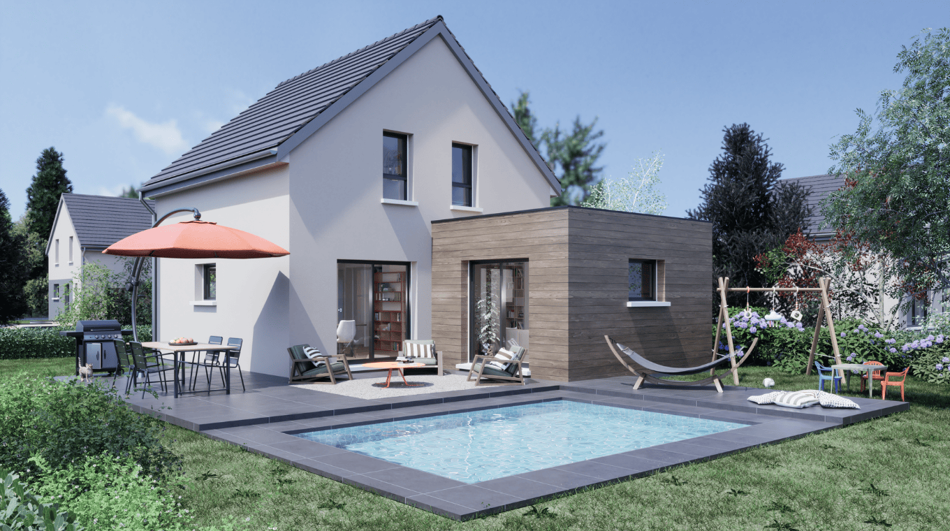 maison moderne toiture traditionnelle evolutive avec piscine